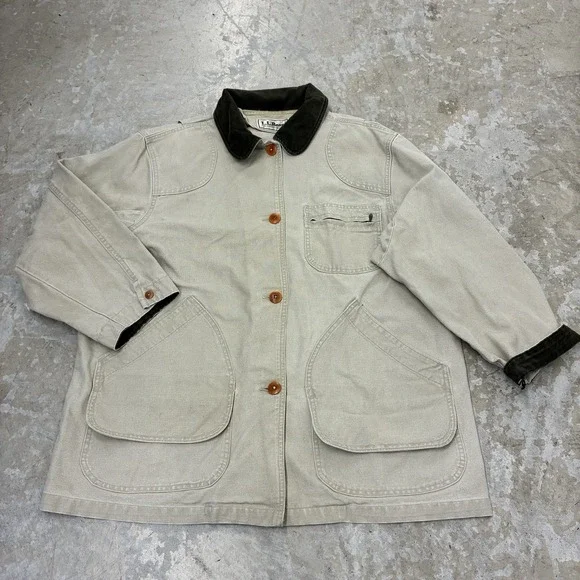 LL Bean Mens Field Jacket Mens Large Beige Collar Barn Chore Unlined - Picture 9 of 14